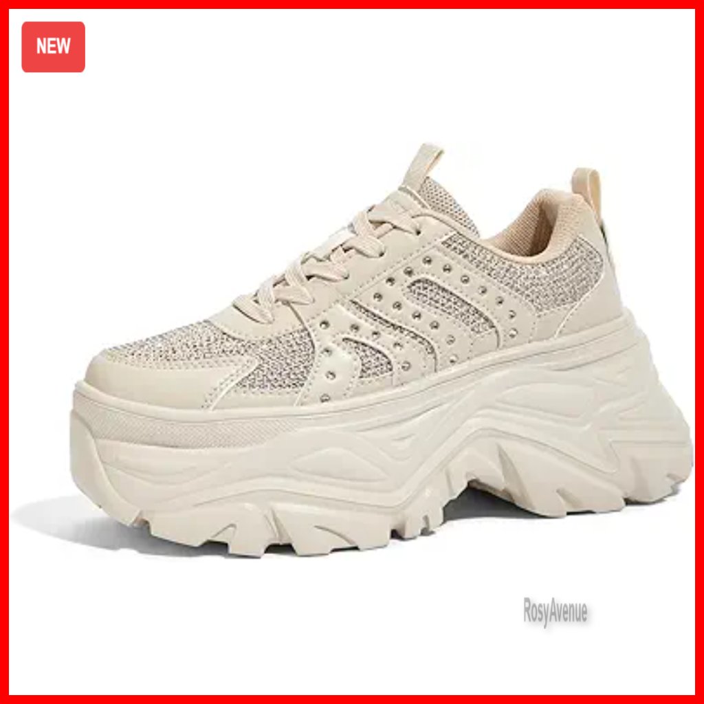 Women's Rhinestone Chunky Sneakers Platform Walking Shoes Lace-Up Casual